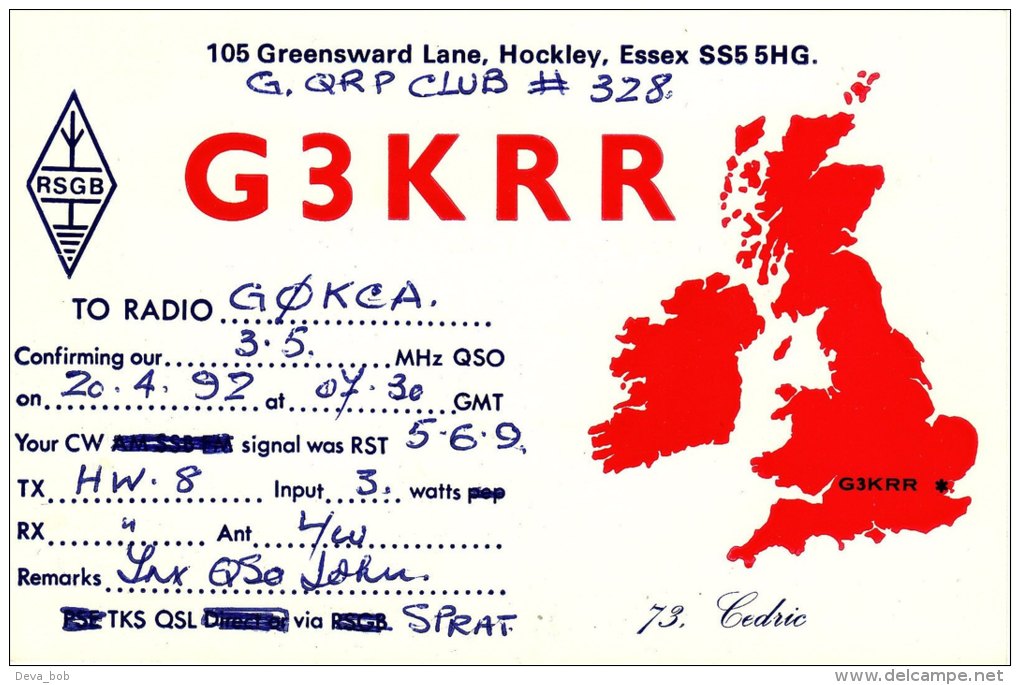 Amateur Radio QSL Card England G3KRR Hockley Essex - Radio Amateur