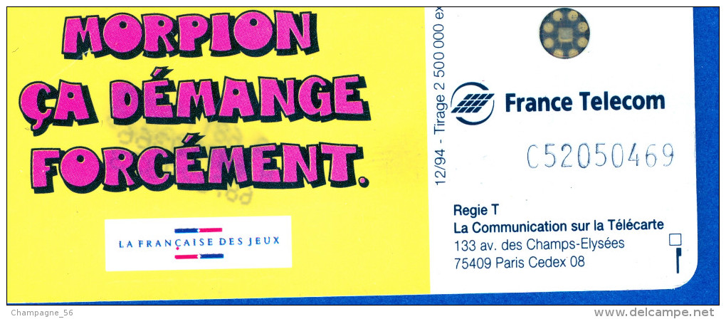 VARIÉTÉS FRANCE TÉLÉCARTE 12 / 1994 F 534  MORPION  50 UNITÉS PUCE   SC5 C + 8 N° TGE  UTILISÉE  C52050469 - Variétés