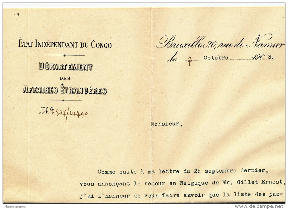 079/21 -- Lettre Et Contenu ETAT INDEPENDANT Département Affaires Etrangères - TP Fine Barbe BXL 1903 Vers NIVELLES - 1884-1894