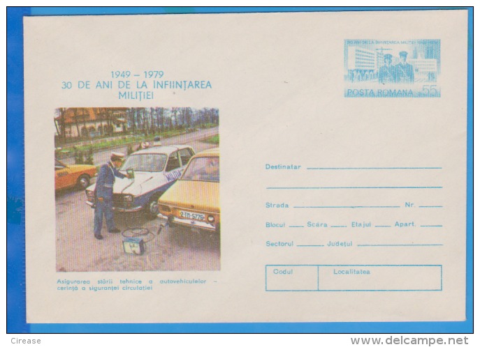 Police Check Technical Condition Of Cars, Auto Dacia - Renault ROMANIA POSTAL STATIONERY COVER - Police - Gendarmerie
