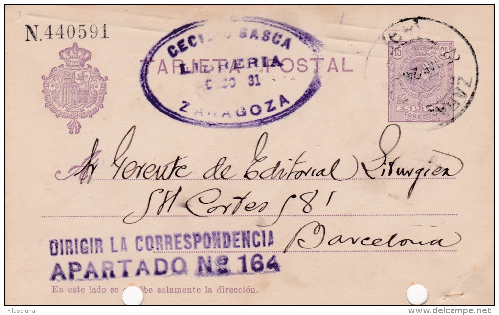 00017 Entero Postal  De Zaragoza A Barcelona 1924 - 1850-1931