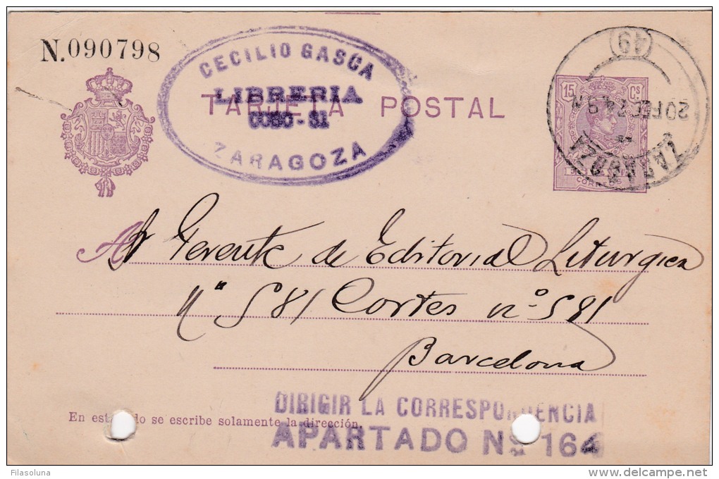 00012 Entero Postal  De Zaragoza A Barcelona 1924 - 1850-1931