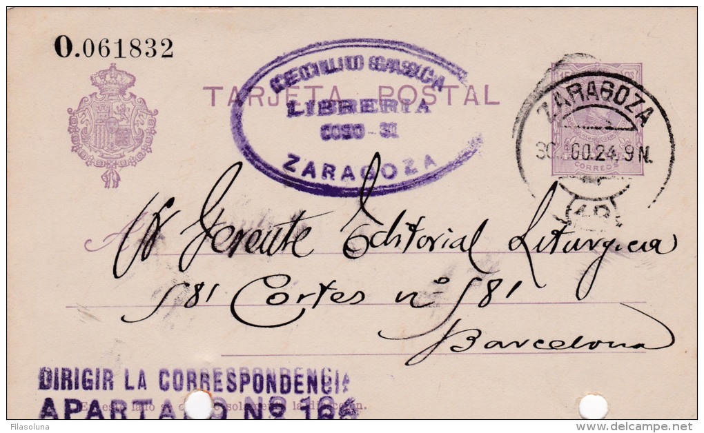 00018 Entero Postal  De Zaragoza A Barcelona 1924 - 1850-1931