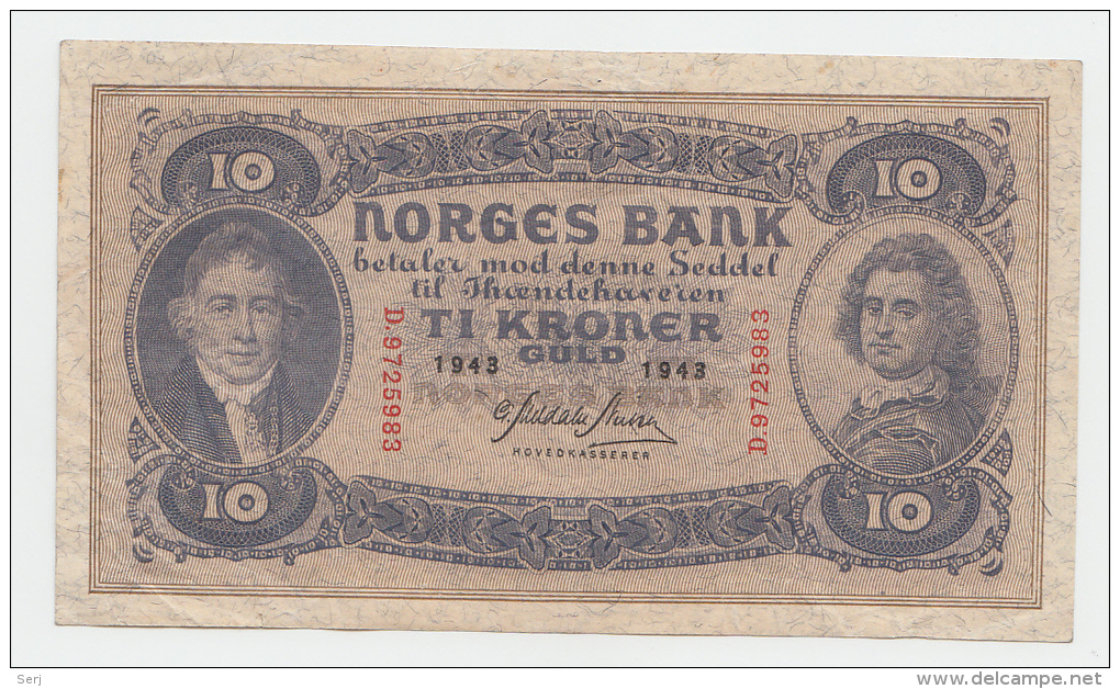 NORWAY 10 KRONER 1943 VF++ P 8C - Noorwegen