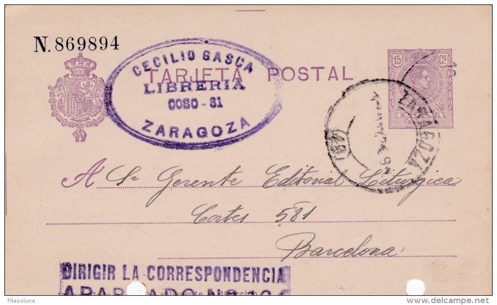 00014 Entero Postal  De Zaragoza A Barcelona 1924 - 1850-1931