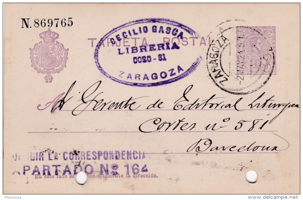 00011 Entero Postal  De Zaragoza A Barcelona 1924 - 1850-1931