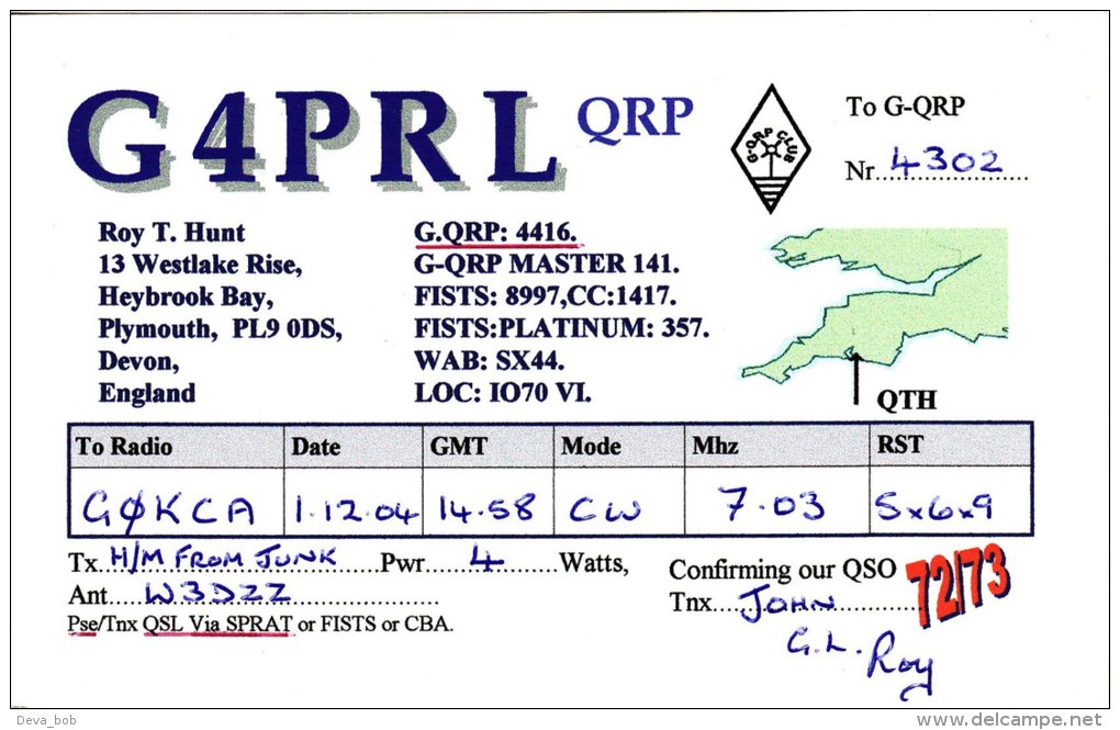 Amateur Radio QSL Card England G4PRL Plymouth Devon Hunt - Radio Amateur