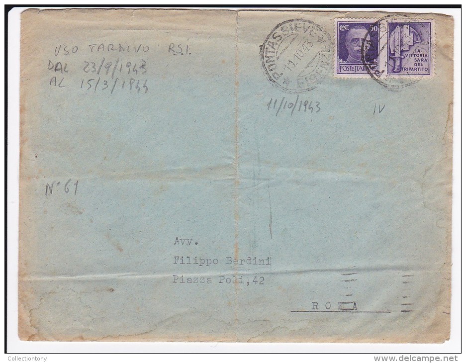 Storia Postale - Lettera - Viagg.-Uso Tardivo Dal 23/9/43 - Al 15/3/44-francoollo Propaganda  Da Pontassieve A Roma - Marcophilia