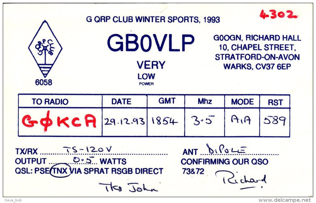 Amateur Radio QSL Card England GB0VLP Stratford On Avon Winter Sports 1993 - Radio Amateur