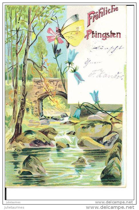 ALLEMAGNE ILLUSTRATION FROHLICHE PFINGSTEN RIVIERE ET PAPILLON CPA 1904 BON ETAT - Pinksteren