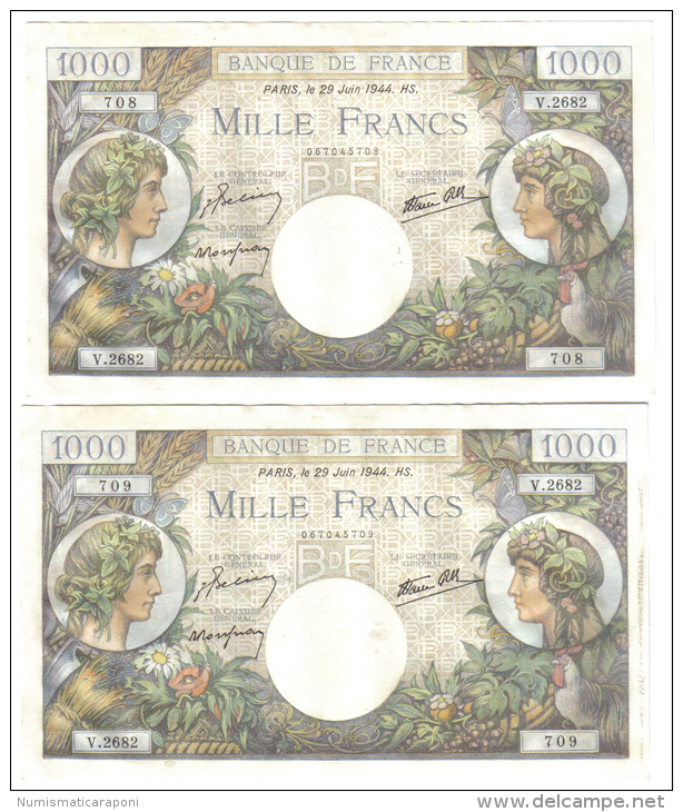 FRANCE 1000 FRANCS 29 JUIN 1944 2 NOTES CONSECUTIVE LOTTO 1053 - 1 000 F 1940-1944 ''Commerce Et Industrie''