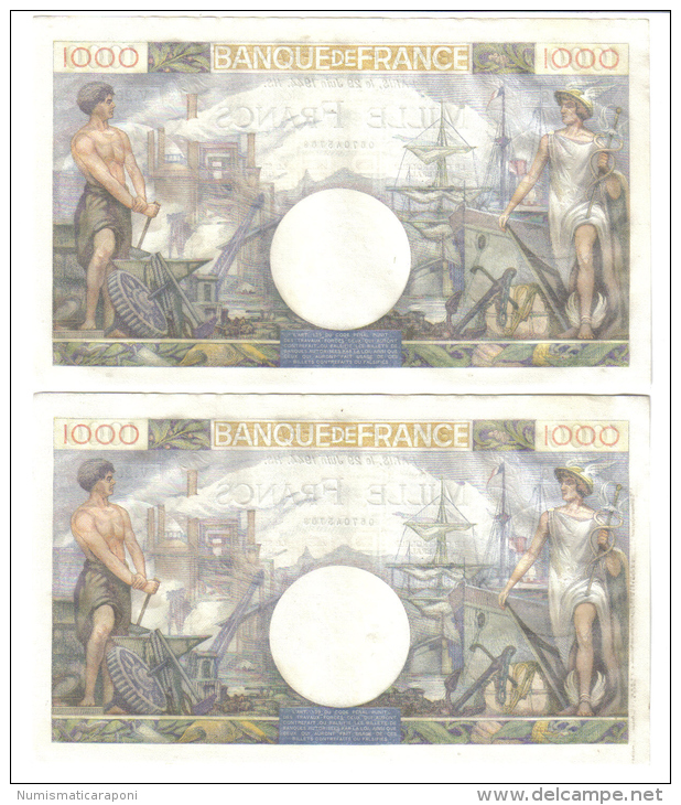 FRANCE 1000 FRANCS 29 JUIN 1944 2 NOTES CONSECUTIVE LOTTO 1053 - 1 000 F 1940-1944 ''Commerce Et Industrie''