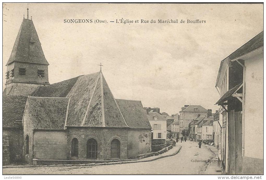 SONGEONS   ***  L'église Et Rue Du Maréchal De Boufflers   ***   Cpa  Animée - Songeons