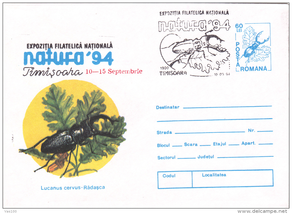 INSECTS,LUCANUS CERVUS,1994,COVER STATIONERY,OBLITERATION CONCORDANTE,ROMANIA - Andere & Zonder Classificatie