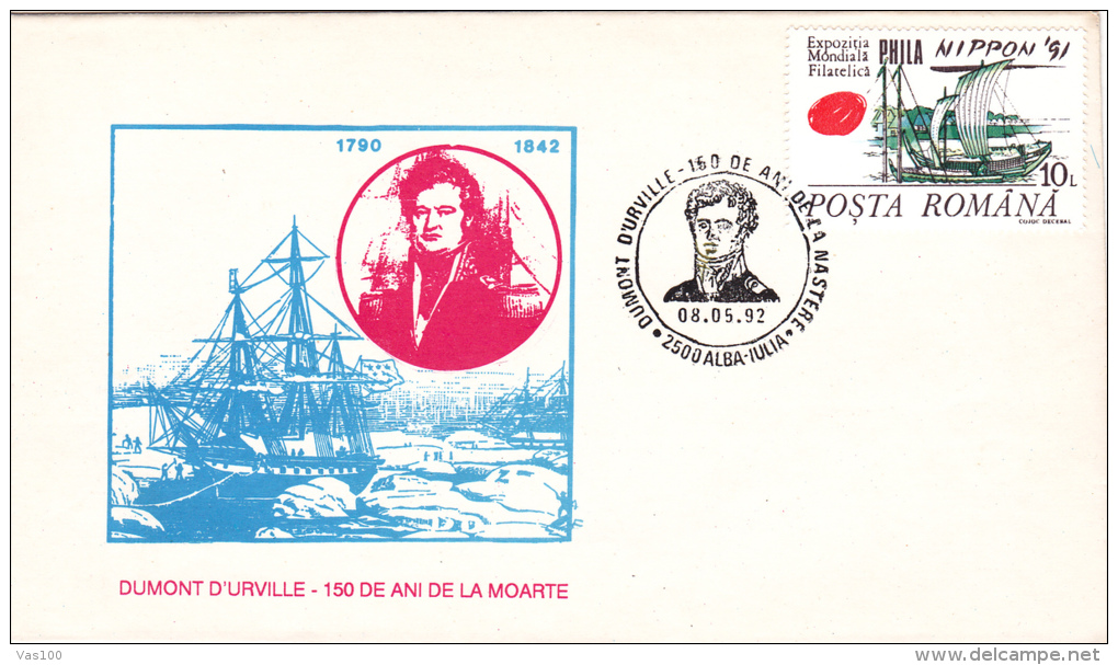 EXPLORATERS,DUMONT D'URVILLE,EXPLORER IN ANTARCTICA,1992,SPECIAL COVER,ROMANIA. - Explorers