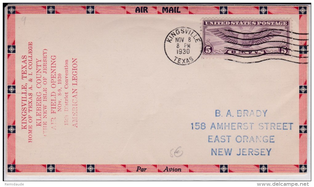 USA -1930  - POSTE AERIENNE - ENVELOPPE AIRMAIL De KINGSVILLE ( TEXAS ) - AIR FIELD OPENING - 1c. 1918-1940 Storia Postale