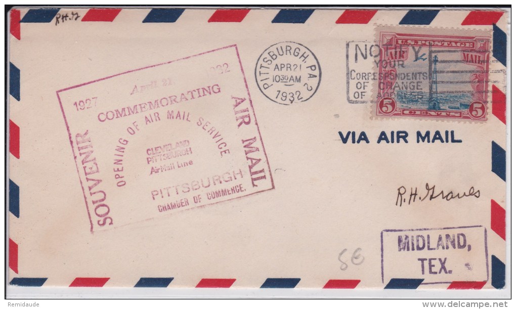 USA -1932  - POSTE AERIENNE - ENVELOPPE AIRMAIL De PITTSBURGH  - COMMEMORATING - OPENING OF AIR MAIL SERVICE - 1c. 1918-1940 Storia Postale