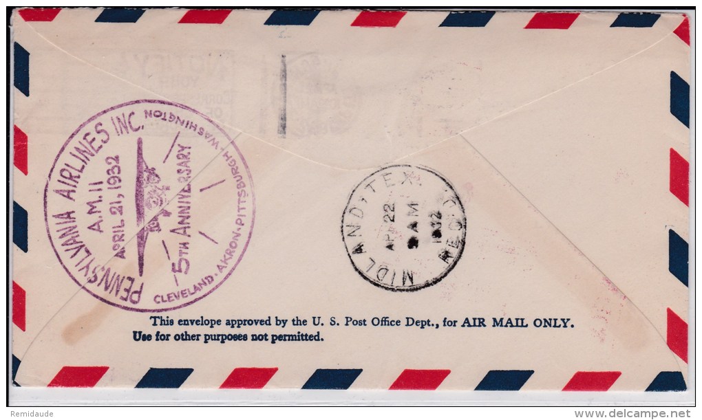 USA -1932  - POSTE AERIENNE - ENVELOPPE AIRMAIL De PITTSBURGH  - COMMEMORATING - OPENING OF AIR MAIL SERVICE - 1c. 1918-1940 Covers