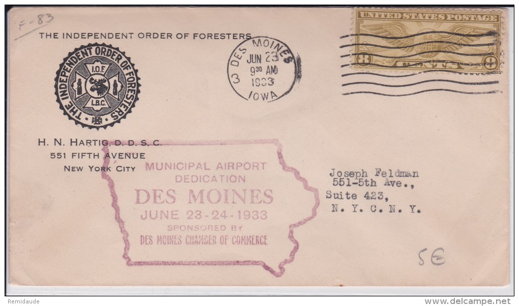 USA -1933  - POSTE AERIENNE - ENVELOPPE AIRMAIL De DES MOINES ( IOWA )  - DEDICATION MUNICIPAL AIRPORT - 1c. 1918-1940 Lettres