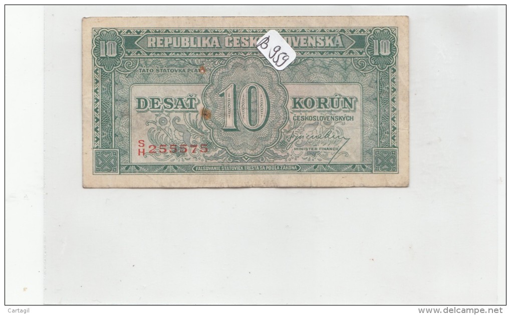 Billets - B959 -  Tchécoslovaquie   - Billet  10 Korun ( Type, Nature, Valeur, état... Voir 2 Scans) - Tschechoslowakei