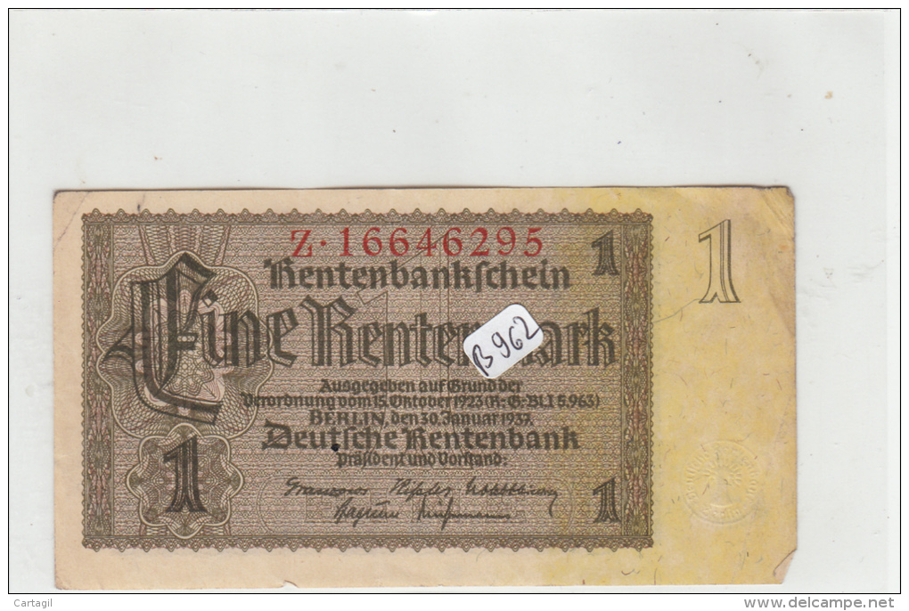 Billets - B962 -  Allemagne    - Billet  1 Rentenmark 1937 ( Type, Nature, Valeur, état... Voir 2 Scans) - Other & Unclassified