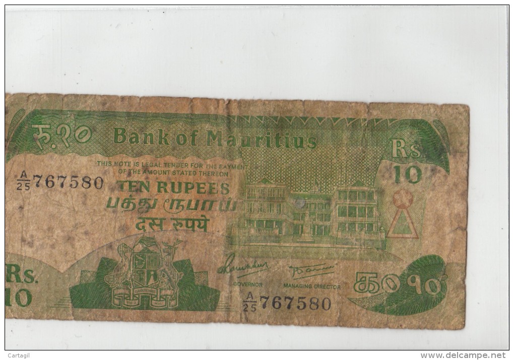 Billets - B939 - Maurice      - Billet  10 RS  1985 (type, Nature, Valeur, état... Voir 2 Scans) - Mauritius