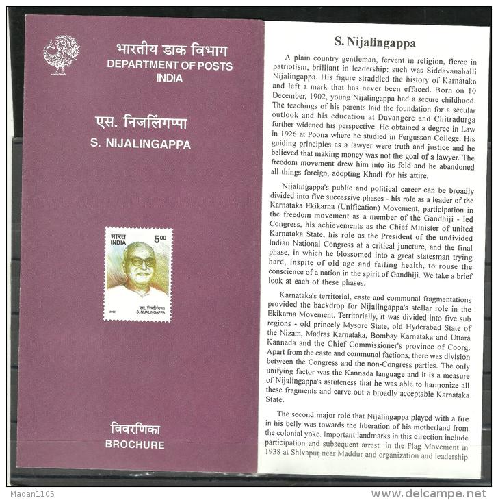 INDIA, 2003, Birth Centenary Of Siddavanahalli Nijalingappa, (Patriot And Politician),  Brochure - Briefe U. Dokumente