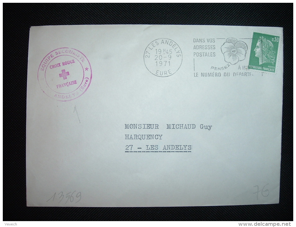 LETTRE TP MARIANNE DE CHEFFER 0,30F OBL.MEC. 20-9-1971 LES ANDELYS (27 EURE) + CROIX-ROUGE - Covers & Documents