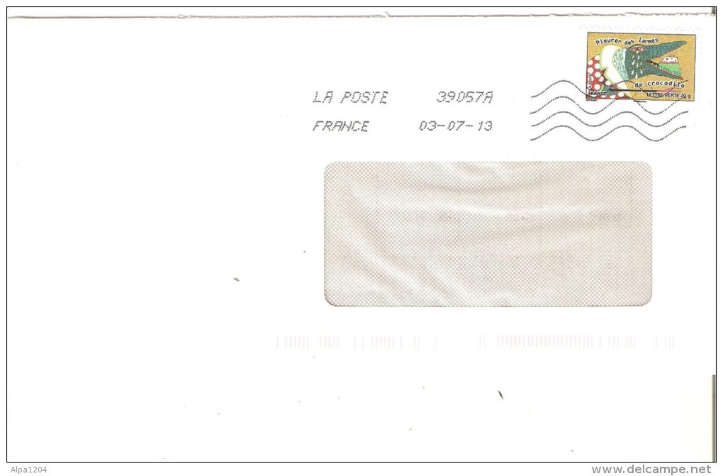 ENVELOPPE MOYEN FORMAT  AVEC TIMBRE LETTRE VERTE  "PLEURER DES LARMES DE CROCODILE"  ANNEE 2013  - OBLITERE BON ETAT - Covers & Documents