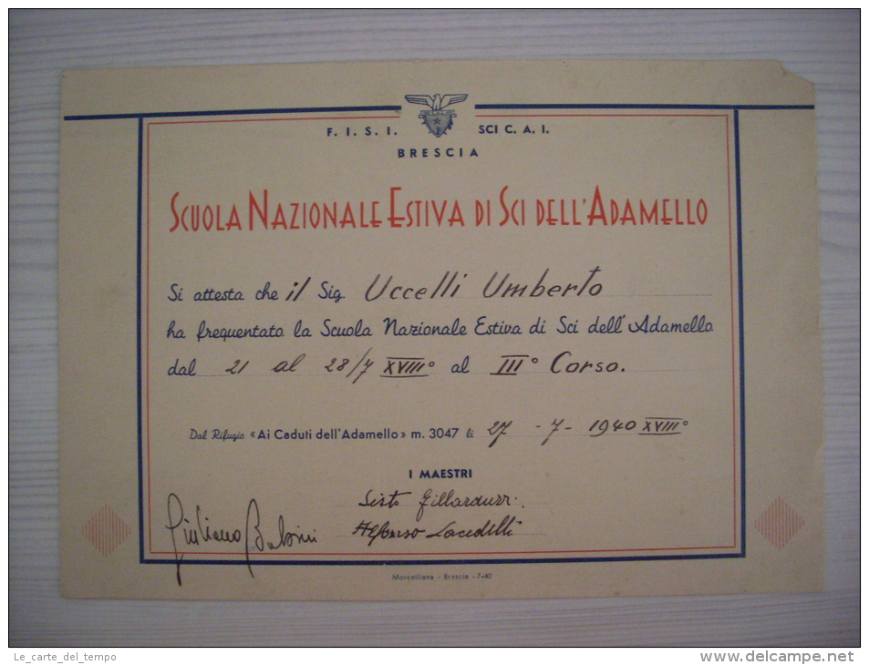 Diploma/attestato SCUOLA NAZIONALE ESTIVA Di SCI Dell'ADAMELLO - Brescia 1940 - Diploma & School Reports