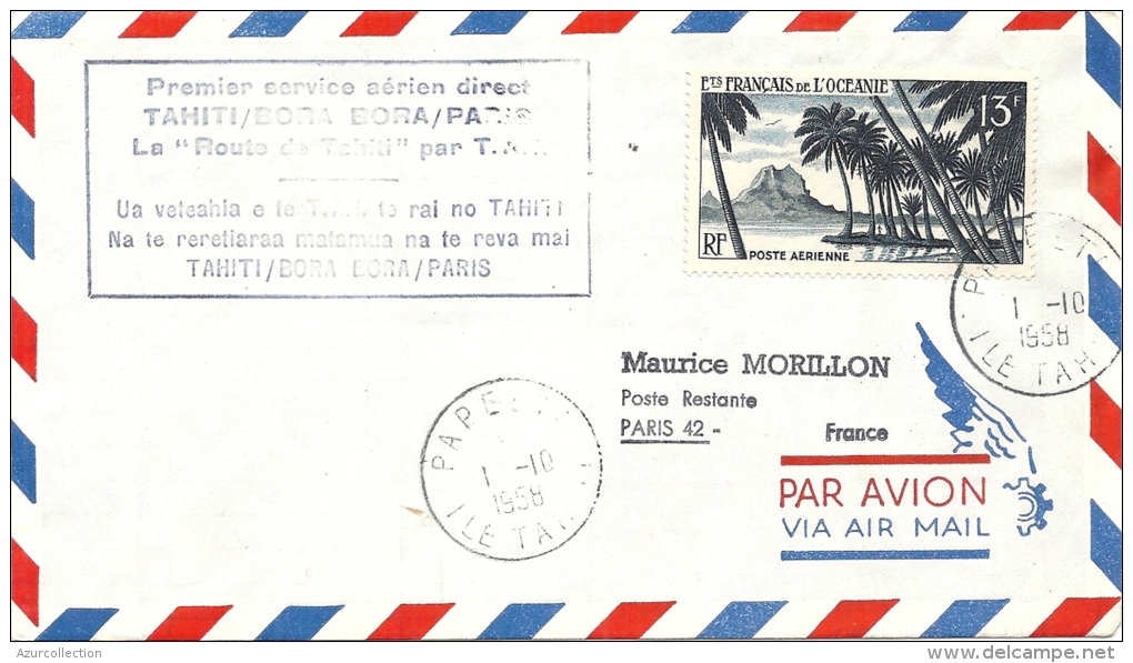 1ER SERVICE AERIEN TAHITI BORA BORA PARIS - Storia Postale