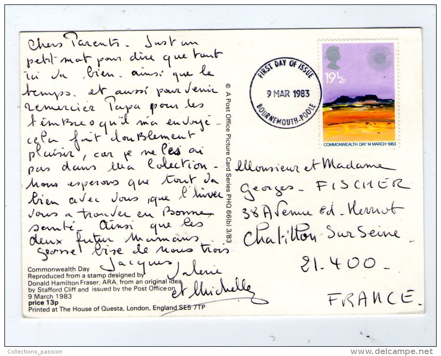 Cp , Représentation De Timbre , Commonwealth Day , 1983 First Day , Bournemouth-Poole , 19 1/2 , 2 Scans P - Stamps (pictures)