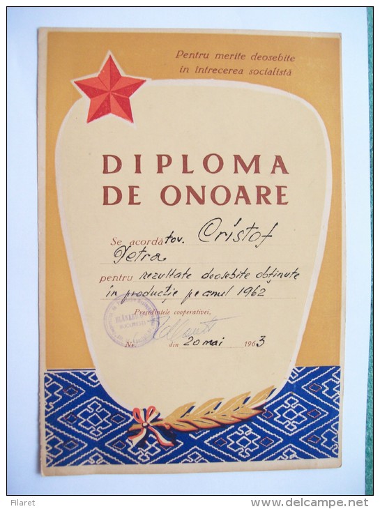 ROMANIA-HONORARY DIPLOMA /  DEGREE,FURRIERS COOPERATIVE,1962-1963 - Diplomas Y Calificaciones Escolares