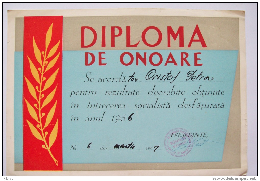 ROMANIA-HONORARY DIPLOMA /  DEGREE,FURRIERS COOPERATIVE,1966-1967 - Diplomi E Pagelle