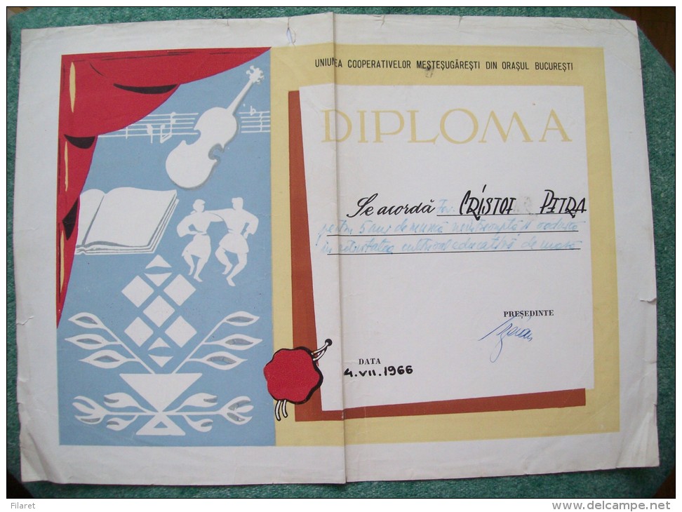 ROMANIA-HONORARY DIPLOMA / DEGREE,FURRIERS COOPERATIVE,1966 - Diploma's En Schoolrapporten