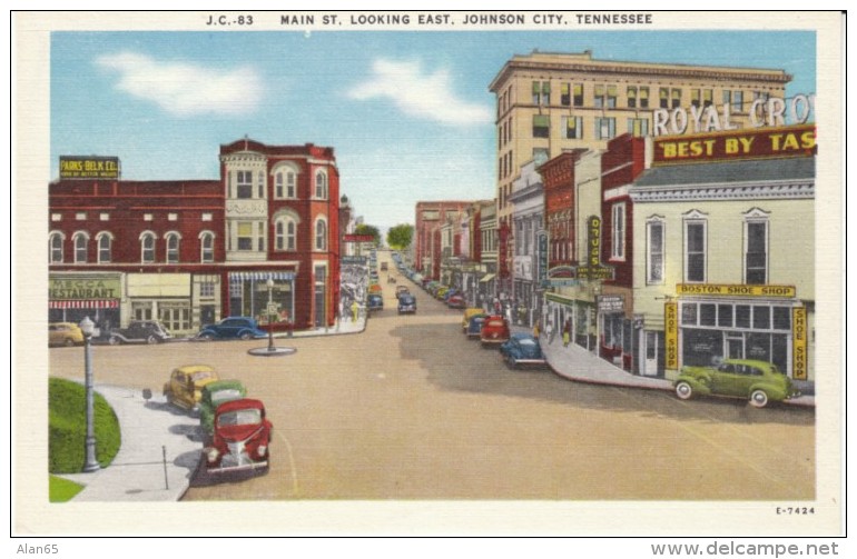 Johnson City TN Tennessee, Main Street Scene, Drug Store Sign, Shoe Store, C1930s/40s Vintage Postcard - Johnson City