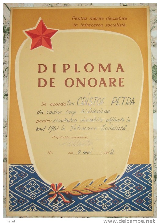 ROMANIA-HONORARY DIPLOMA /  DEGREE,FURRIERS COOPERATIVE,1961-1962 - Diploma's En Schoolrapporten