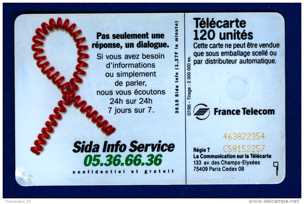 VARIÉTÉS FRANCE TÉLÉCARTE 07 / 95  SIDA INFO SERVICE 120 UNITÉS  F573 PUCE SC7  UTILISÉE - Variétés