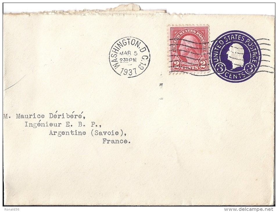 Courrier Enveloppe Cachet WASHINGTON Timbre 2 C Et Gaufré 3c 1937 Adr Argentine SAVOIE De W T SCHALLER US Geological Sur - Other & Unclassified