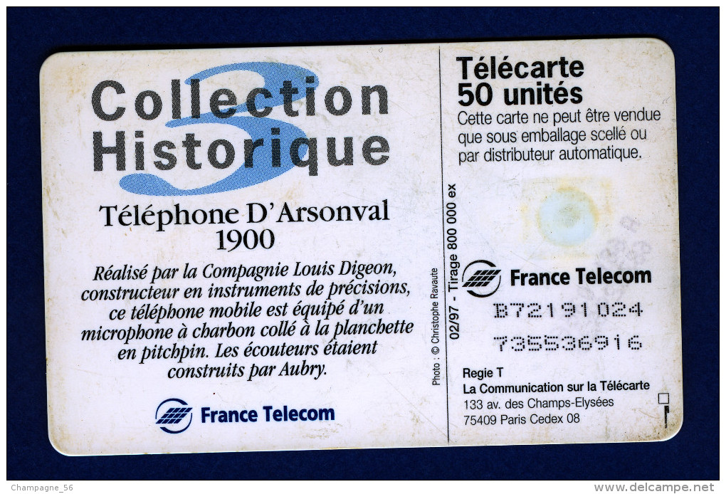 VARIÉTÉS FRANCE TÉLÉCARTE 02 / 97  TÉLÉPHONE D ARSONVAL 1900  F716B  PUCE GEM1A  UTILISÉE 50 UNITÉS - Fehldrucke