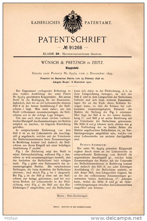 Original Patentschrift - Wünsch & Pretzsch In Zeitz , 1896 , Klappstuhl , Stuhl , Möbel !!! - Sonstige & Ohne Zuordnung