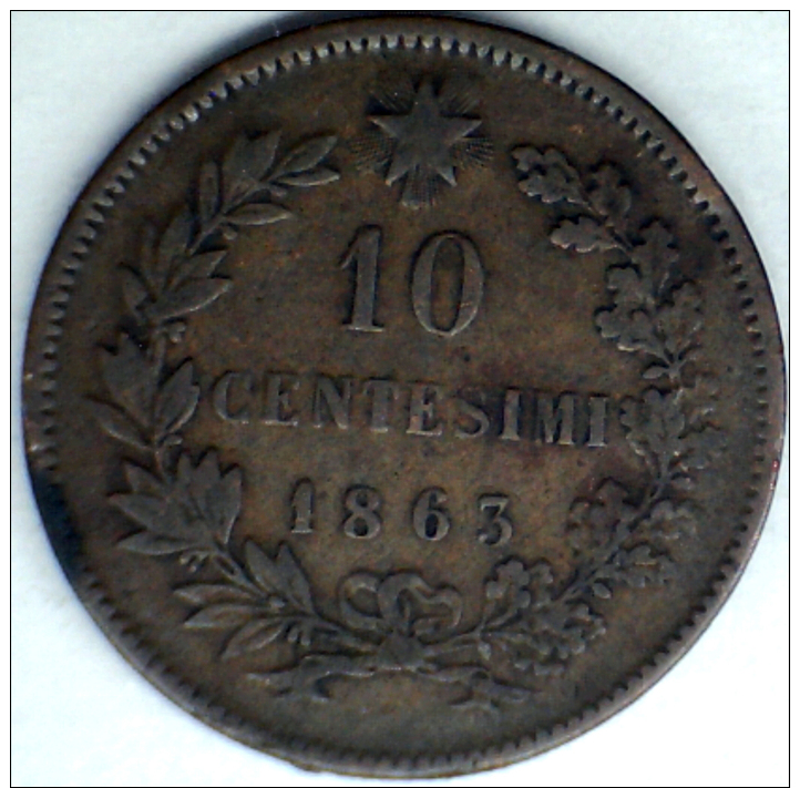 1863, ITALY, 10 CENTESIMI LARGER COPPER COIN **SEE PHOTO** - 1861-1878 : Victor Emmanuel II