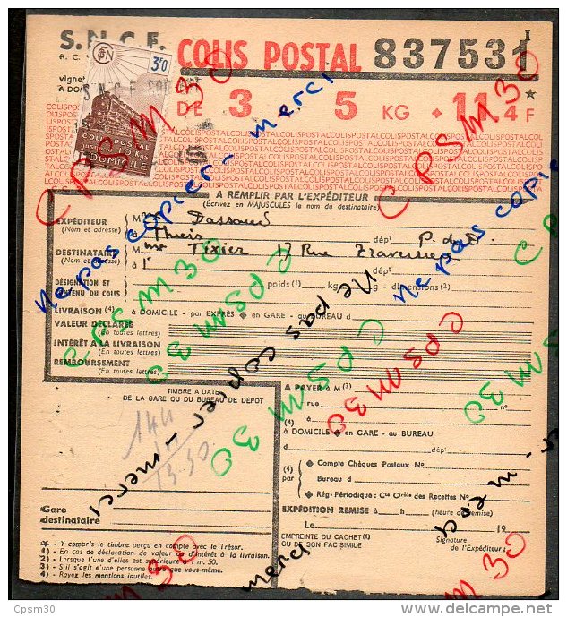 Colis Postaux Bulletin Exp 5kg 11.4F Timbre2f40 Cachet Gare S.N.C.F. THIERS PLM N°668367 Et N°837531 - Lettres & Documents