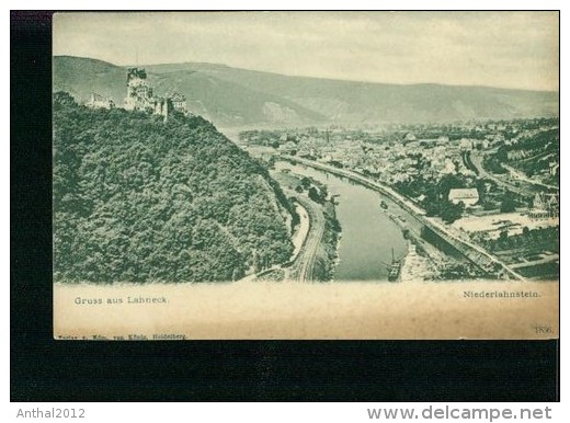 Litho Gruss Aus Lahneck Niederlahnstein Lahn Burg Häuser Um 1910 - Lahnstein