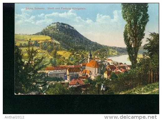 Litho Königstein Blick Auf Die Stadt Kirche Häuser Um 1900 - Koenigstein (Saechs. Schw.)