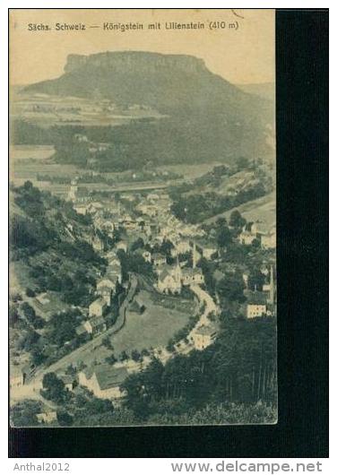 Litho Königstein Sachsen Mit Lilienstein Blick Zur Stadt Schornstein Um 1900 - Koenigstein (Saechs. Schw.)