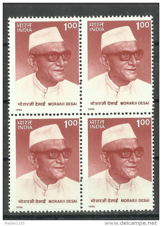 INDIA, 1996, Morarji  Ranchhodji Desai, ( Former Prime Minister), Block Of 4,   MNH, (**) - Ongebruikt