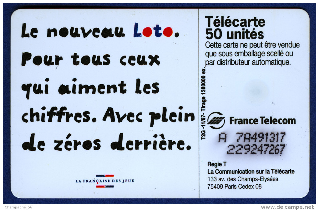 VARIÉTÉS FRANCE TÉLÉCARTE 11 / 1997 LOTO FDJ 50 UNITÉS  F801 PUCE SO3 - Variétés