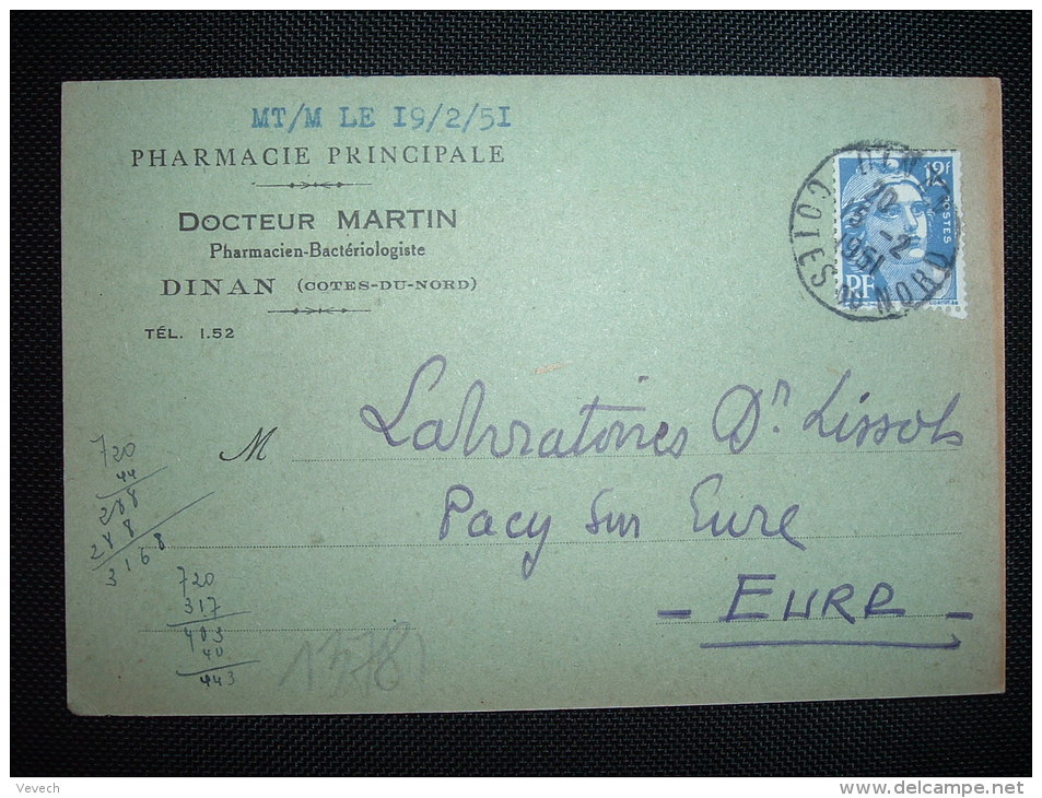 CP TP MARIANNE DE GANDON 12F OBL. 15-2-1951 DINAN (22 COTES DU NORD) + PHARMACIE PRINCIPAL DOCTEUR MARTIN - Autres & Non Classés