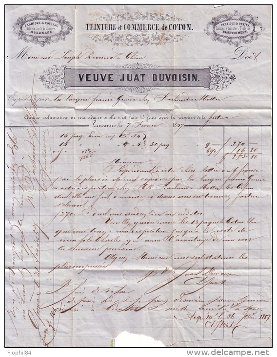 SUISSE - LAUSANNE 7-2-1857 - SUPERBE ENTETE VEUVE JUAT DUVOISIN TEITURE ET COMMERCE DE COTON A LAUSANNE. - ...-1845 Préphilatélie